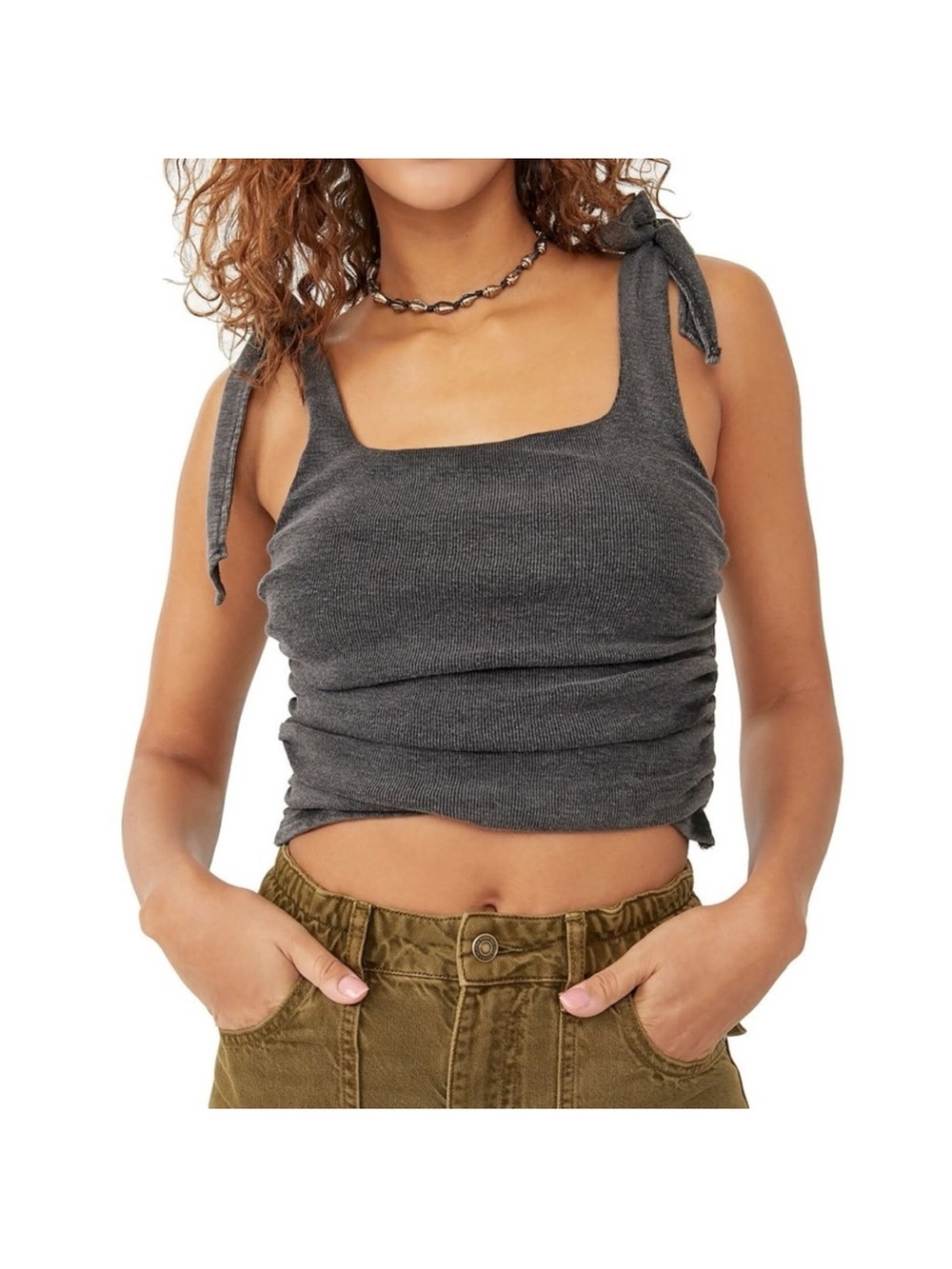 Free People Gray Boulevard Ruched Cropped Tank